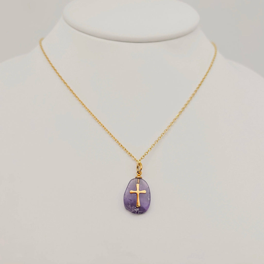 Natural Stone Stainless Steel Cross Pendant Necklace