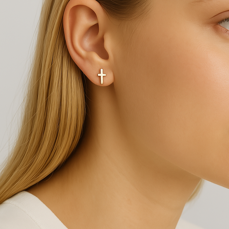 Gold Stainless Steel Cross Stud Earrings