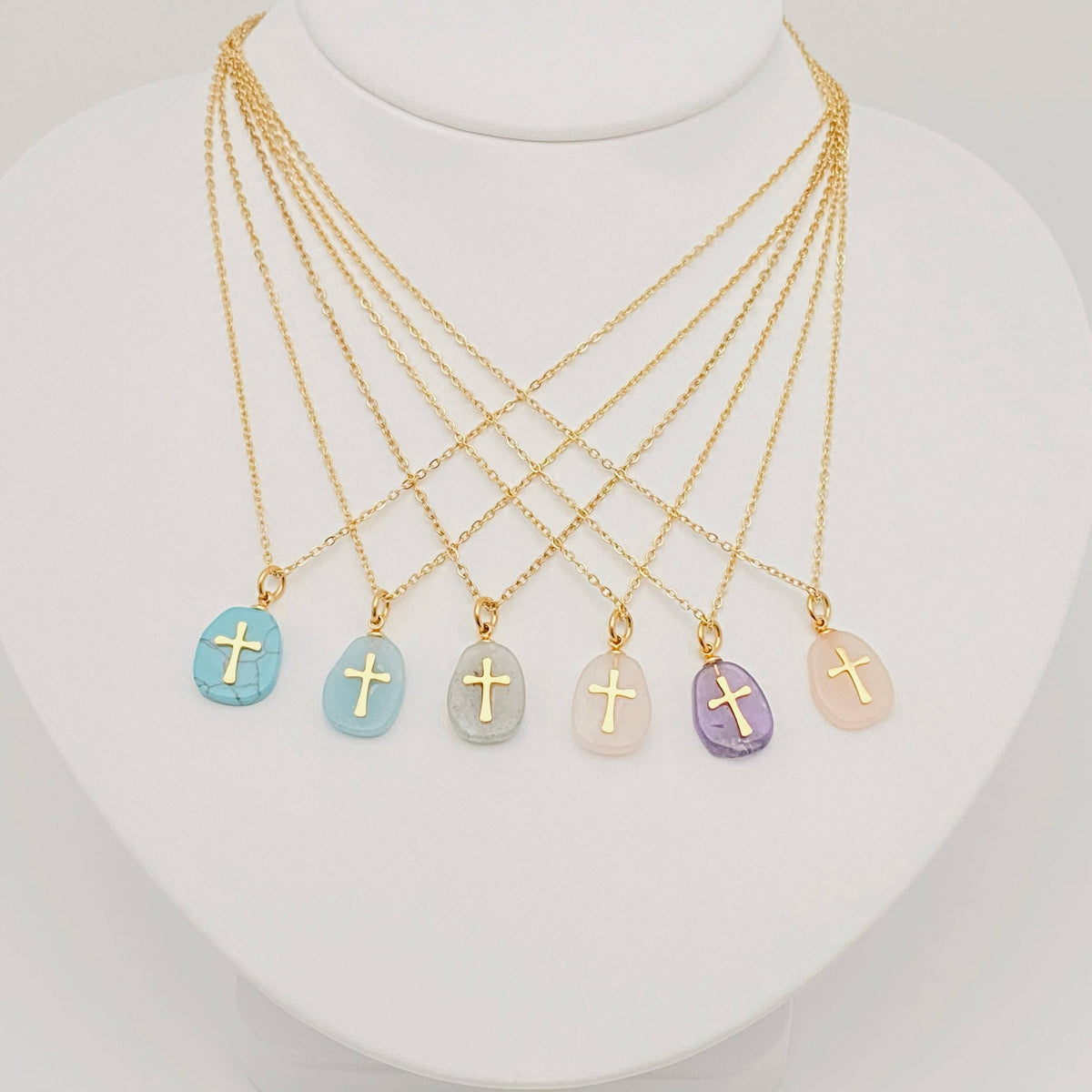 Natural Stone Stainless Steel Cross Pendant Necklace