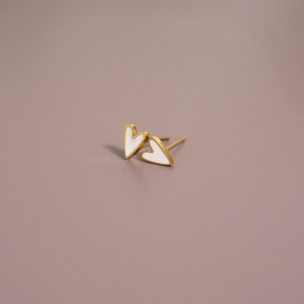 Gold Stainless Steel White Heart Stud Earrings