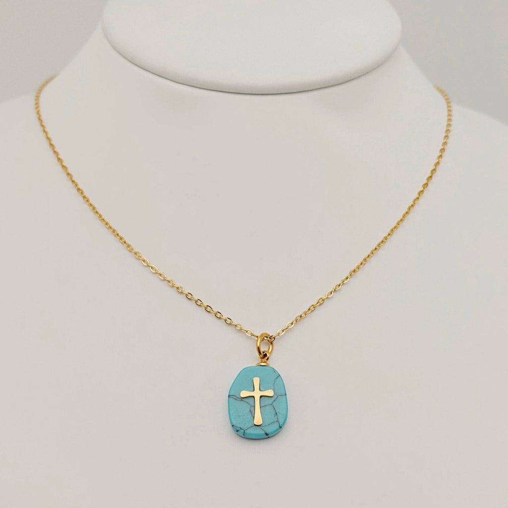 Natural Stone Stainless Steel Cross Pendant Necklace