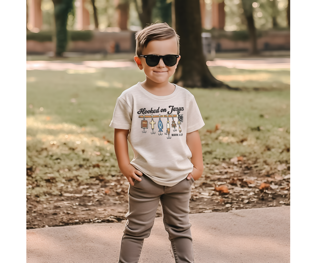 Hooked on Jesus Mark 1:17 Fishing Youth Faith Graphic Tee