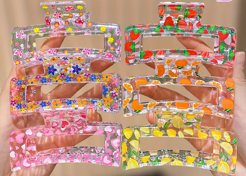 Clear print hair claw clips set of 6 - fruit and floral designs
