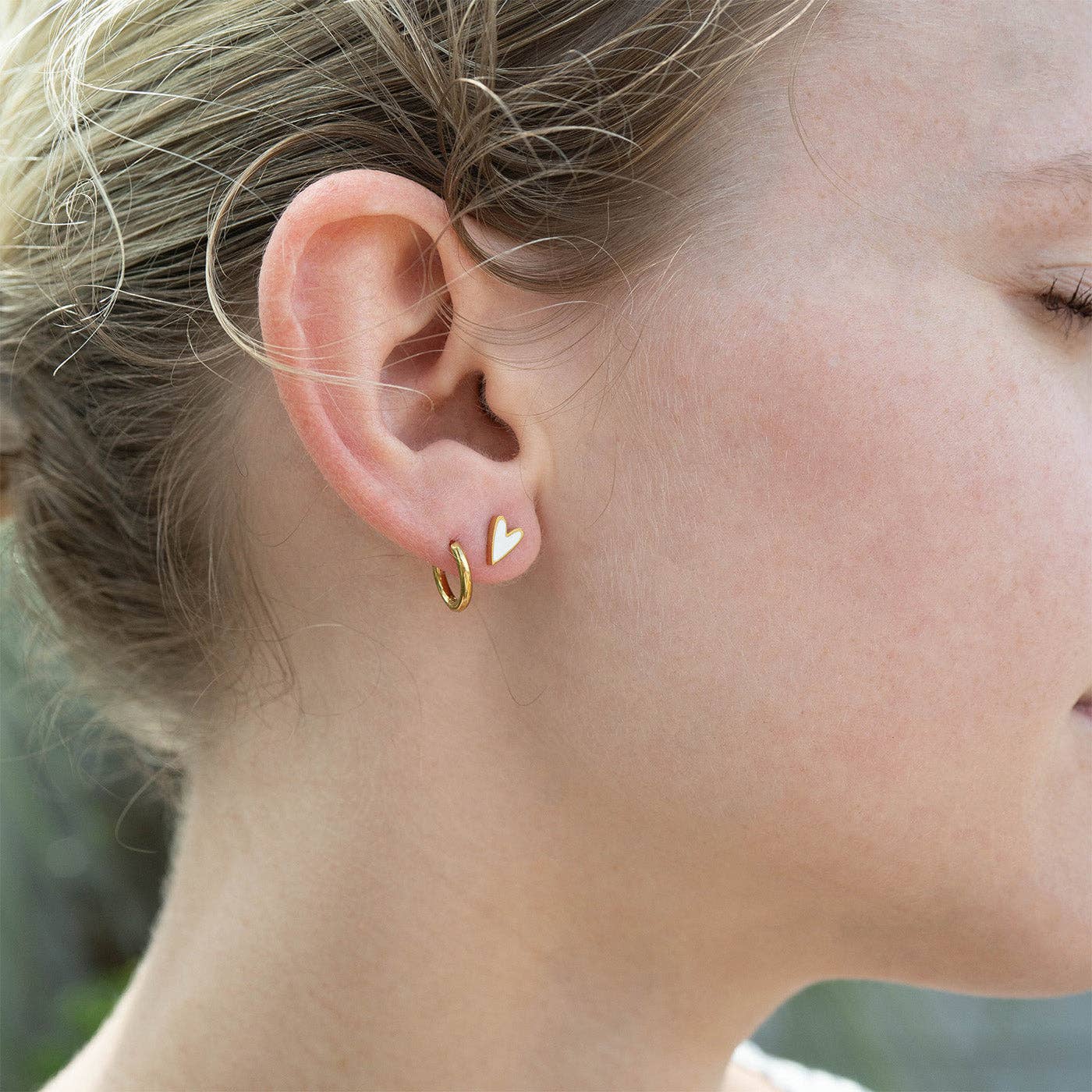 Gold Stainless Steel White Heart Stud Earrings