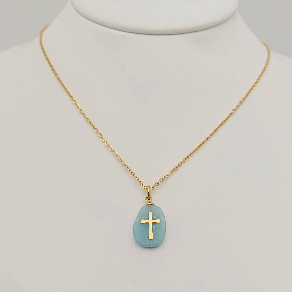 Natural Stone Stainless Steel Cross Pendant Necklace