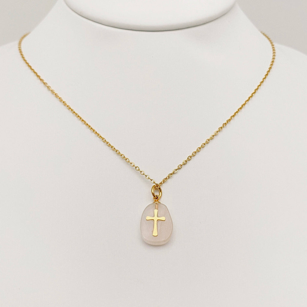 Natural Stone Stainless Steel Cross Pendant Necklace