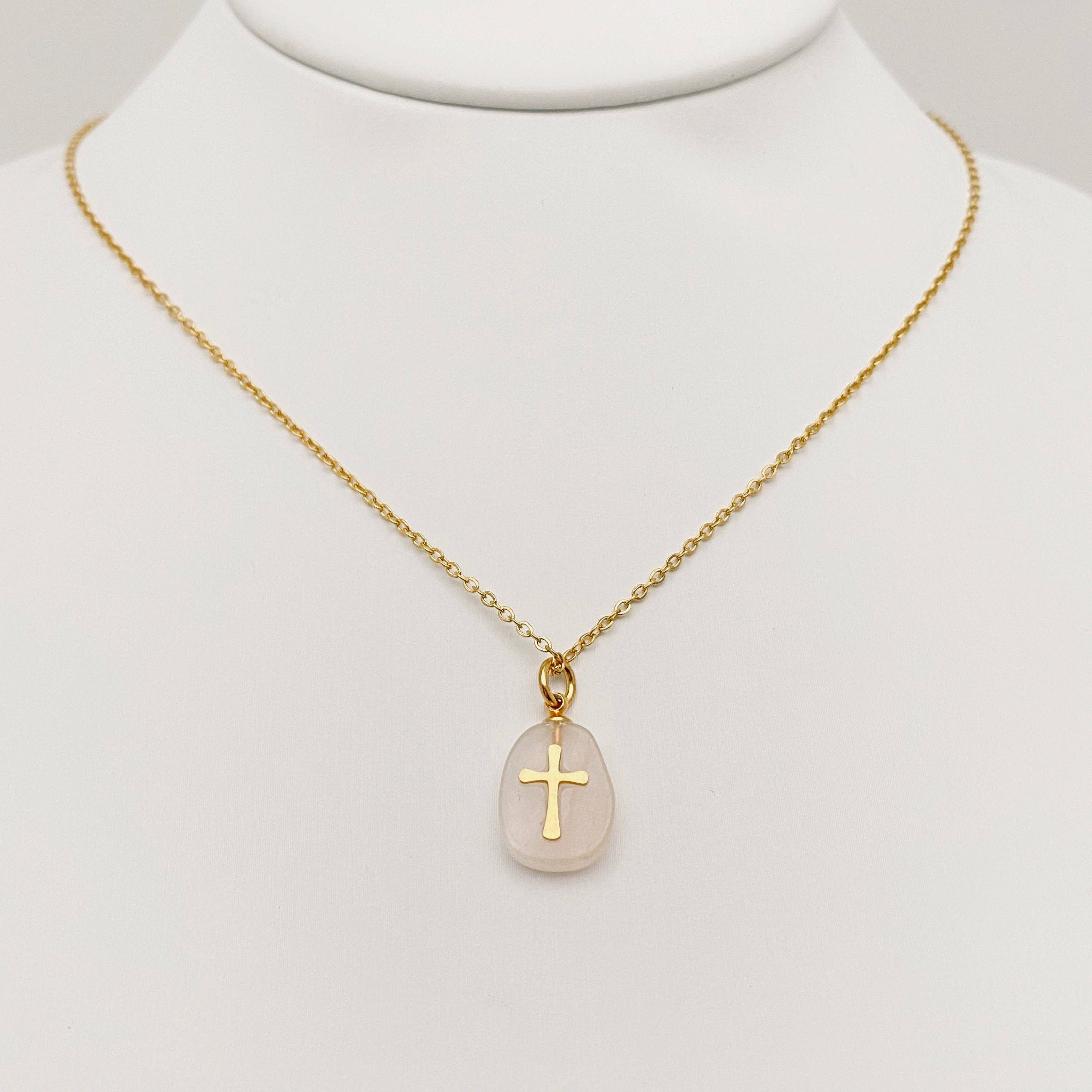 Natural Stone Stainless Steel Cross Pendant Necklace