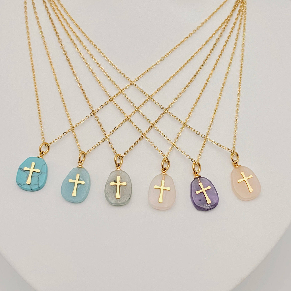 Natural Stone Stainless Steel Cross Pendant Necklace