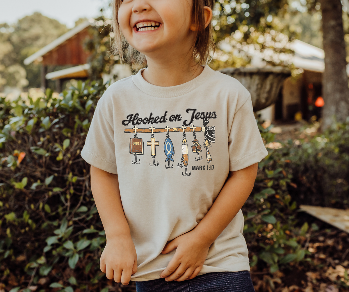 Hooked on Jesus Mark 1:17 Fishing Youth Faith Graphic Tee