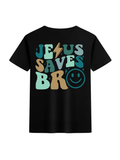 Jesus Saves Bro kids black graphic tee - back view