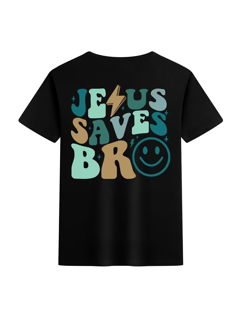 Jesus Saves Bro kids black graphic tee - back view