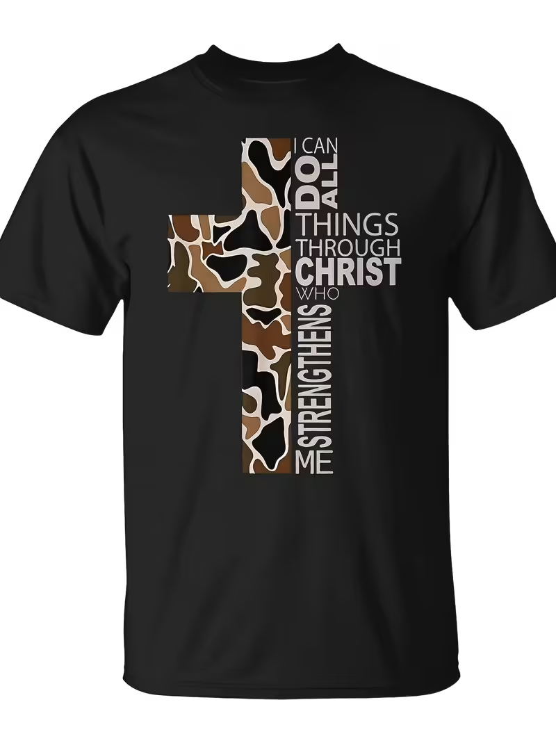 I Can Do All Things Through Christ camo cross black graphic tee