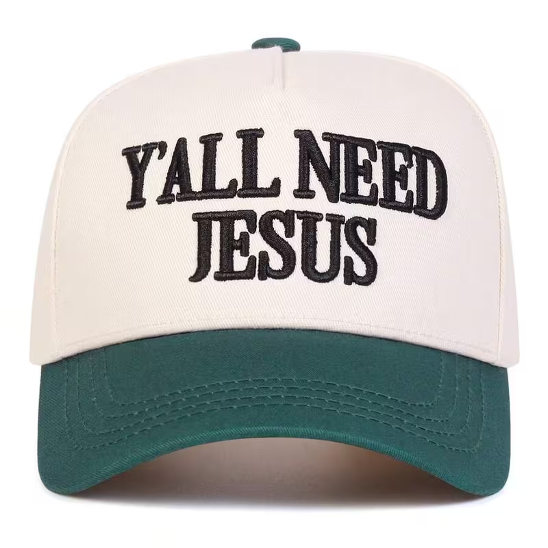 Y'all Need Jesus cap - cream with green brim