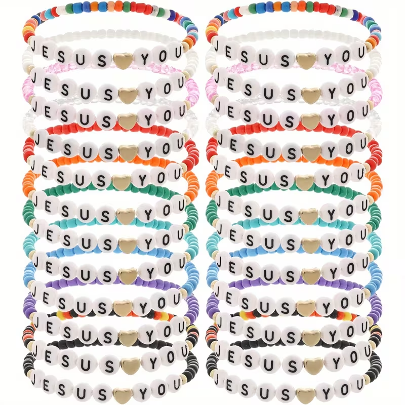 Jesus Loves You colorful clay bead friendship bracelets in assorted colors