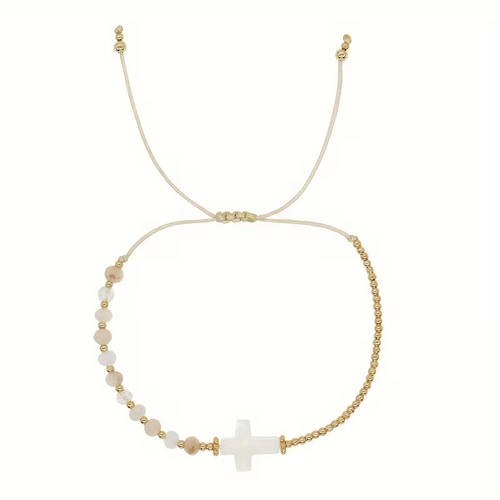 Cross bead bracelet with natural stone beads and gold-tone accents on adjustable cord