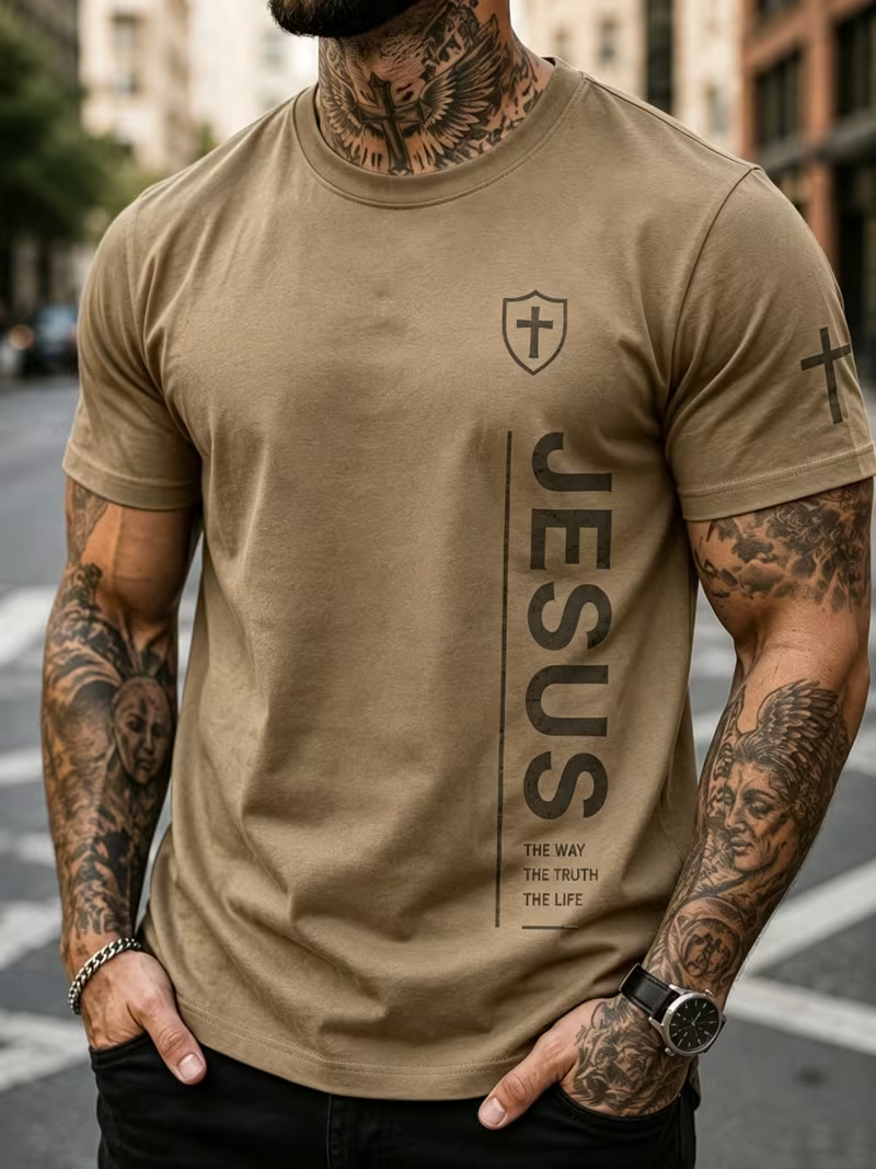Jesus The Way The Truth The Life men's tan graphic tee